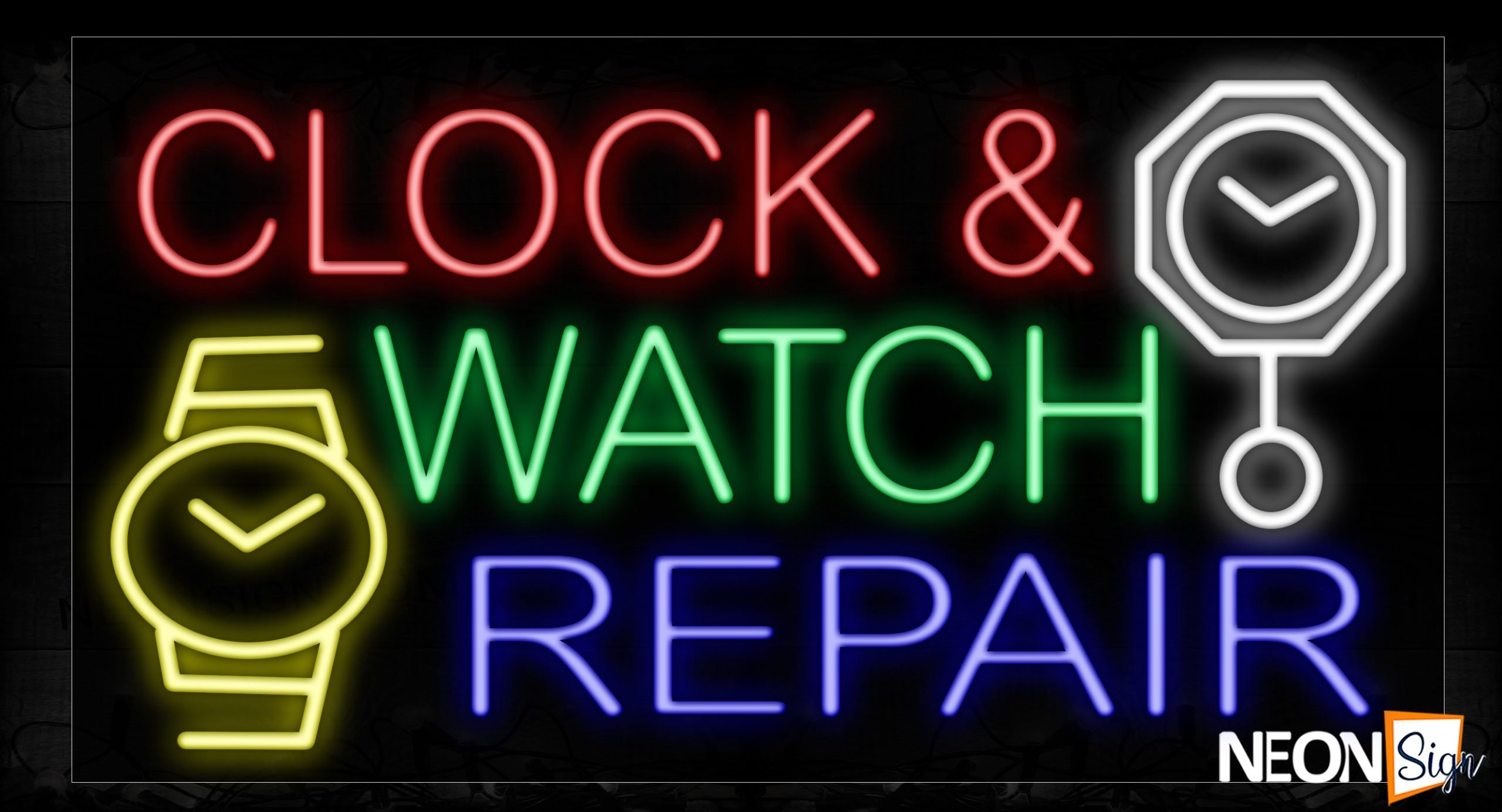 Image of 11676 Clock Watch Repair With Logo Neon Signs_20x37 Black Backing