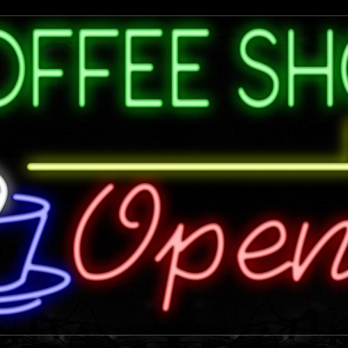 Image of 11680 Coffee Shop Open With Arrow And Mug Logo Sign Neon Signs_20x37 Black Backing