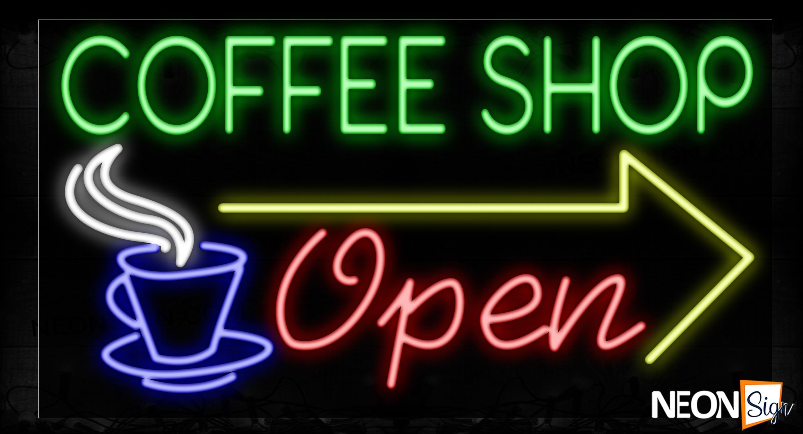 Image of 11680 Coffee Shop Open With Arrow And Mug Logo Sign Neon Signs_20x37 Black Backing