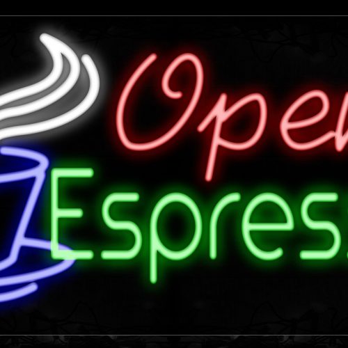 Image of 11698 Open Espresso With Cup Logo Neon Signs_20x37 Black Backing