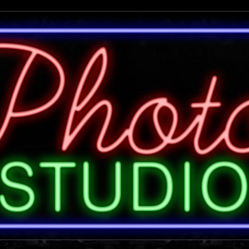 Image of 11767 Photo Studio With Blue Border Led Bulb Neon Signs_20x37 Black Backing
