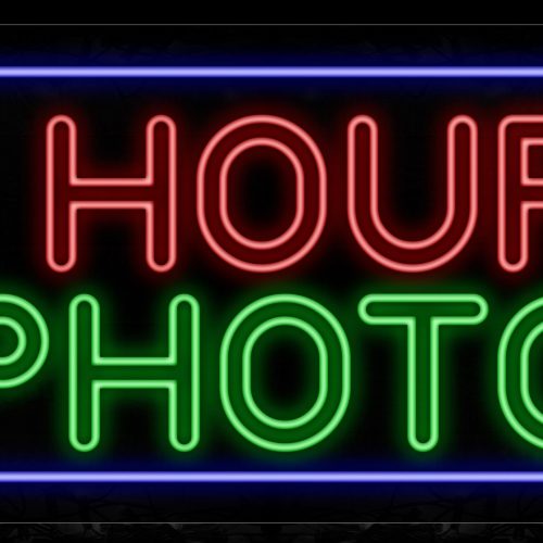 Image of 11800 Double Stroke 1 Hour Photo With Blue Border Neon Signs_20x37 Black Backing