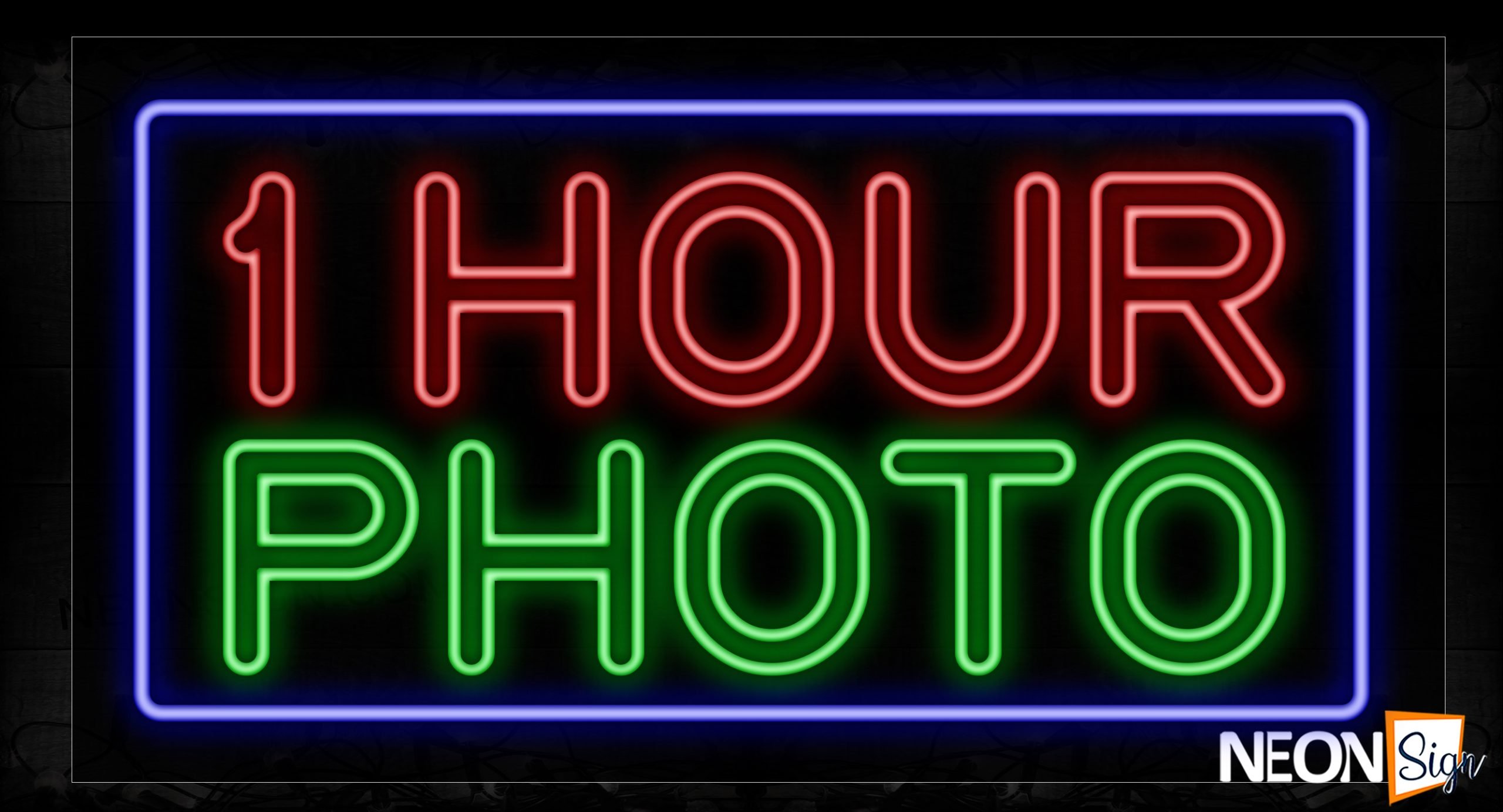 Image of 11800 Double Stroke 1 Hour Photo With Blue Border Neon Signs_20x37 Black Backing