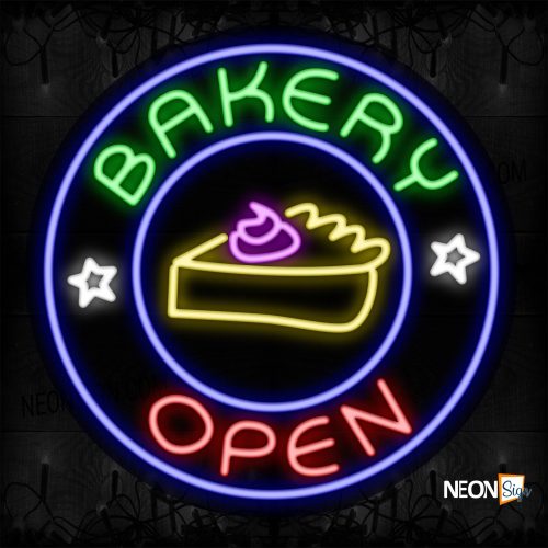 Image of 11803 Bakery Open With A Slice Of Cake On Circle Traditional Neon_26x26 Contoured Black Backing
