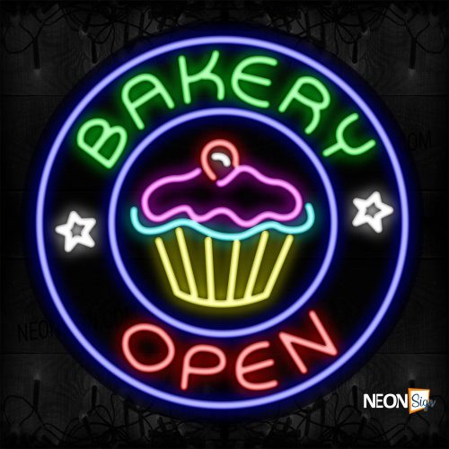 Image of 11804 Bakery Open With Circle Border Neon Signs_26x26 Contoured Black Backing