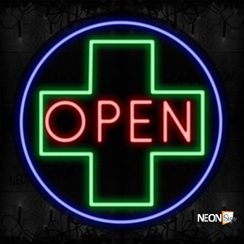 Image of 11810 Open With Cross Border And Blue Circle Neon Signs_26x26 Contoured Black Backing