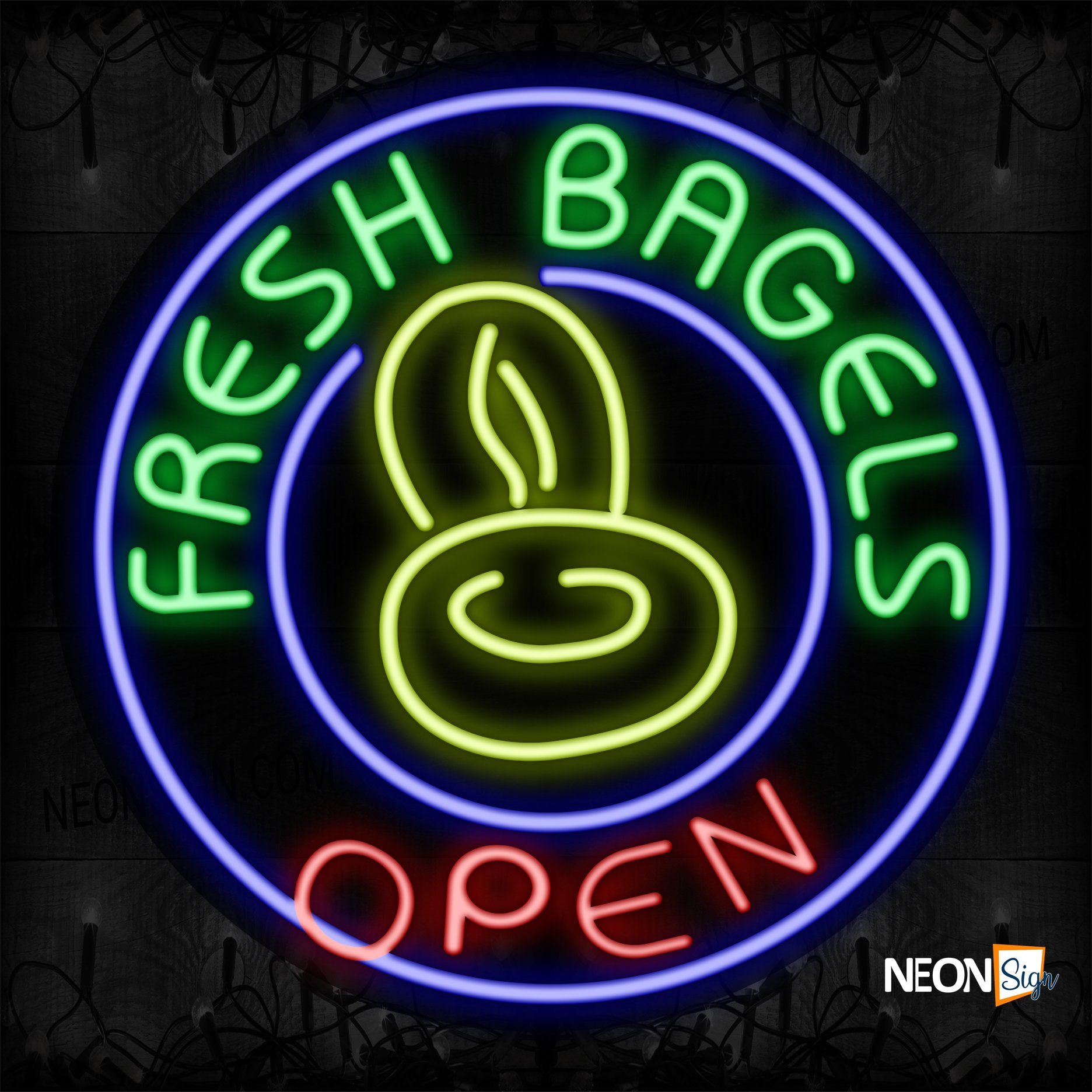 Image of 11818 Fresh Bagels Open With Blue Circle Border And Logo_26x26 Contoured Black Backing