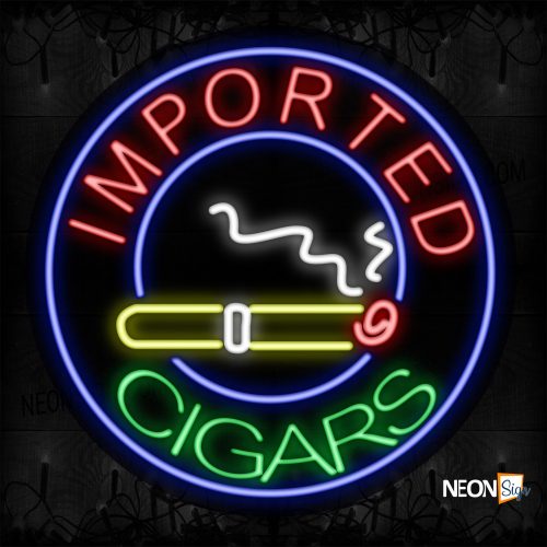 Image of 11822 Imported Cigars With Blue Circle Border And Logo Neon Signs_26x26 Contoured Black Backing