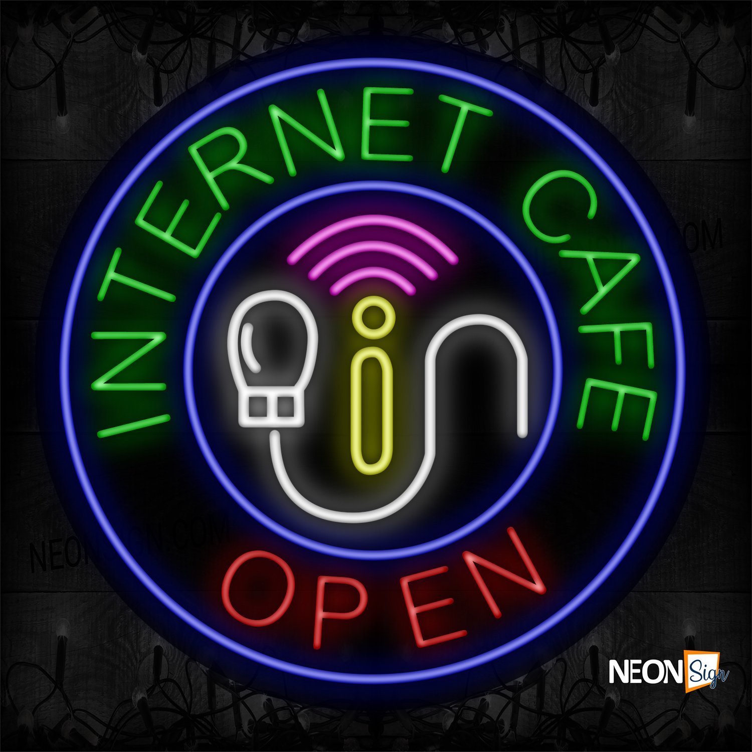 Image of 11823 Open Internet Cafe With Wifi Image & Charger Circle Border Led Bulb Sign_26x26 Black Backing