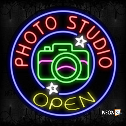 Image of 11828 Photo Studio Open With Camera Logo And Circle Blue Border Neon Signs_26x26 Contoured Black Backing