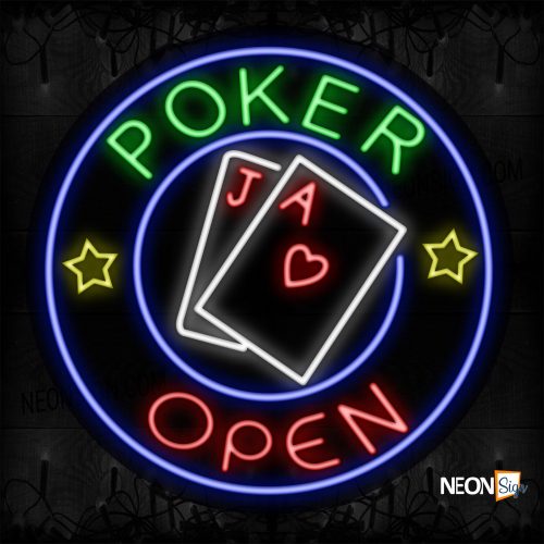 Image of 11829 Open Poker With Cards Image Circle Border Led Bulb Sign_26x26 Contoured Black Backing