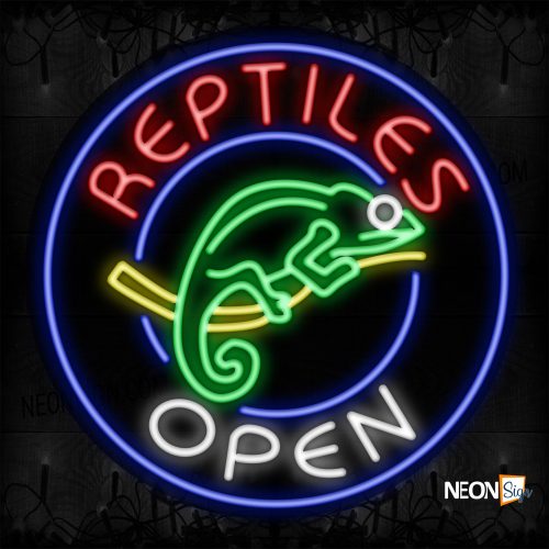 Image of 11830 Reptiles Open With Circle Blue Border Neon Sign_26x26 Contoured clear backing
