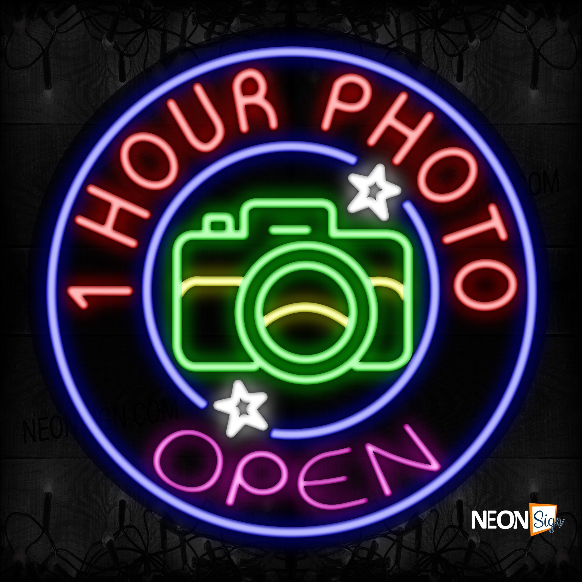 Image of 11836 Open 1 Hour Photo With Blue Circle Border Led Bulb Sign_26x26 Contoured Black Backing