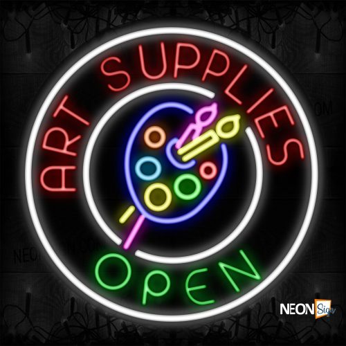 Image of 11839 Art Supplies Open With Logo And White Circle Border Neon Signs_26x26 Contoured Black Backing
