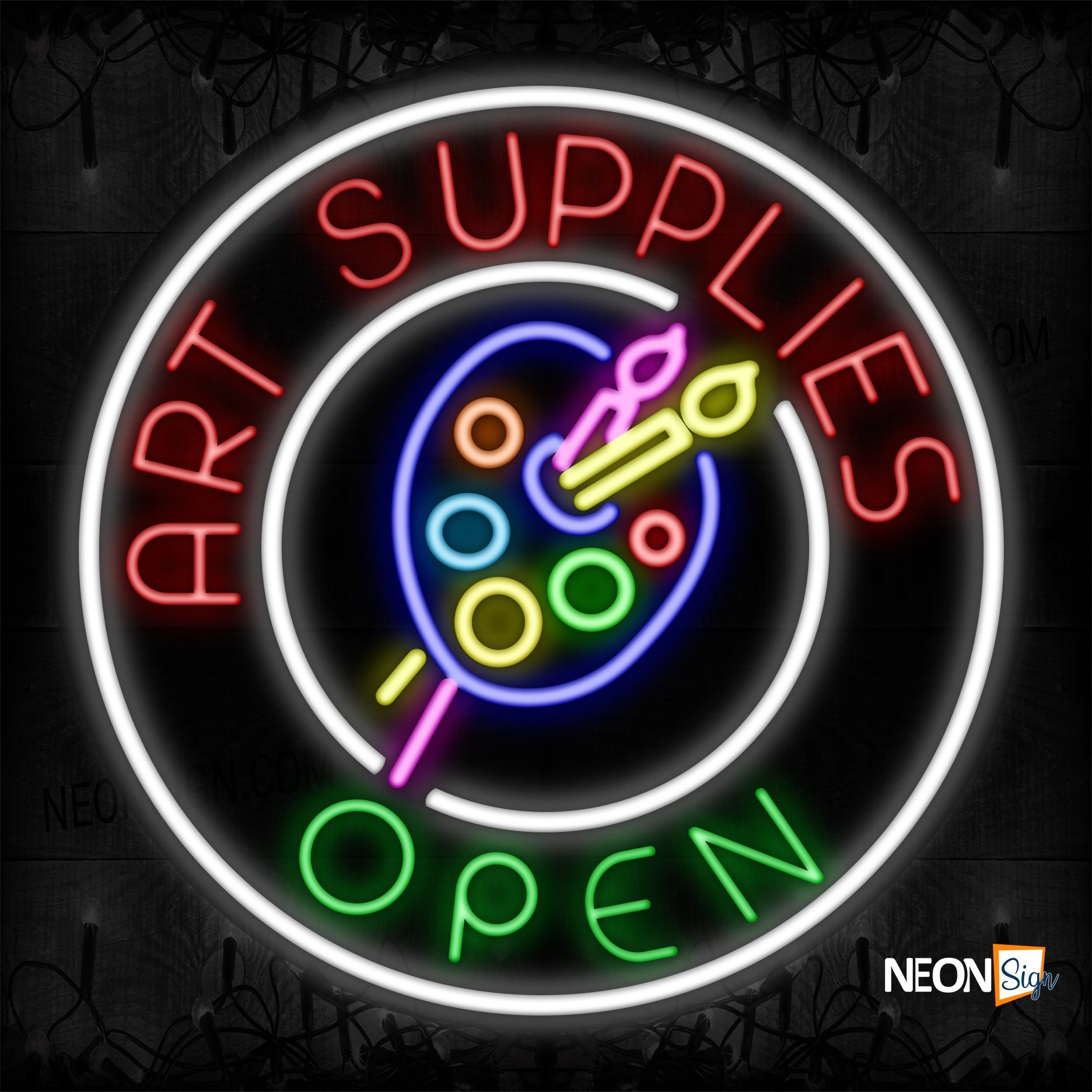 Image of 11839 Art Supplies Open With Logo And White Circle Border Neon Signs_26x26 Contoured Black Backing