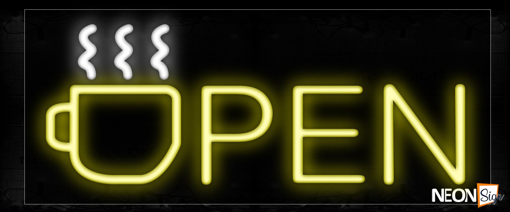 Image of 12117 Open With Coffee Mug In Yellow Neon Signs_10x24 Black Backing