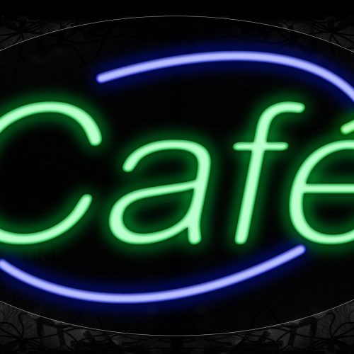 Image of 14028 Cafe With Blue Arc Border Neon Signs_17x30 Contoured Black Backing