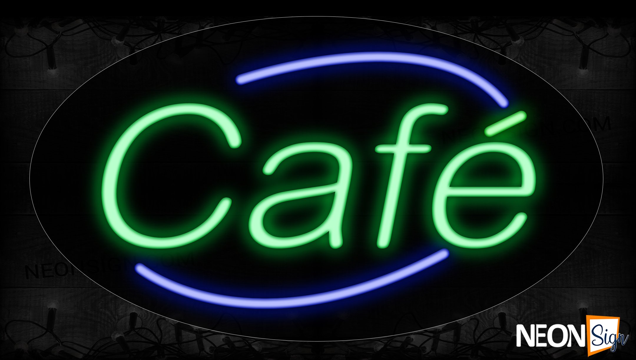 Image of 14028 Cafe With Blue Arc Border Neon Signs_17x30 Contoured Black Backing
