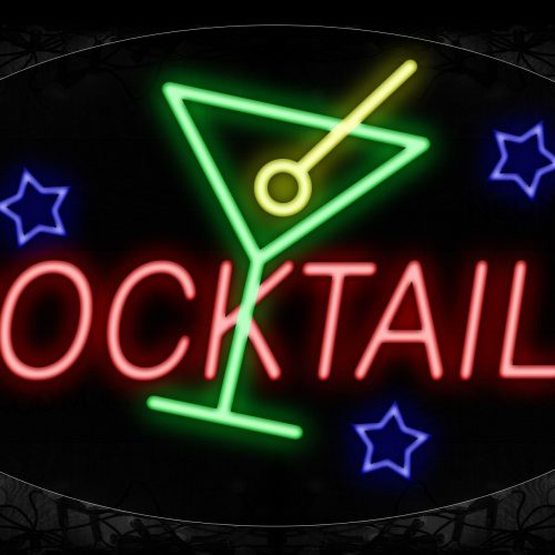 Image of 14034 Cocktails With Glass Wine Neon Signs_17x30 Contoured Black Backing