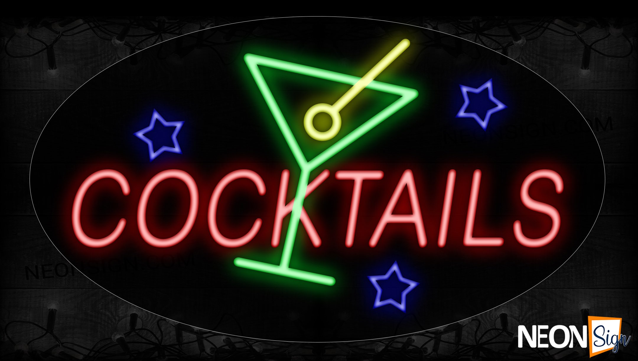 Image of 14034 Cocktails With Glass Wine Neon Signs_17x30 Contoured Black Backing