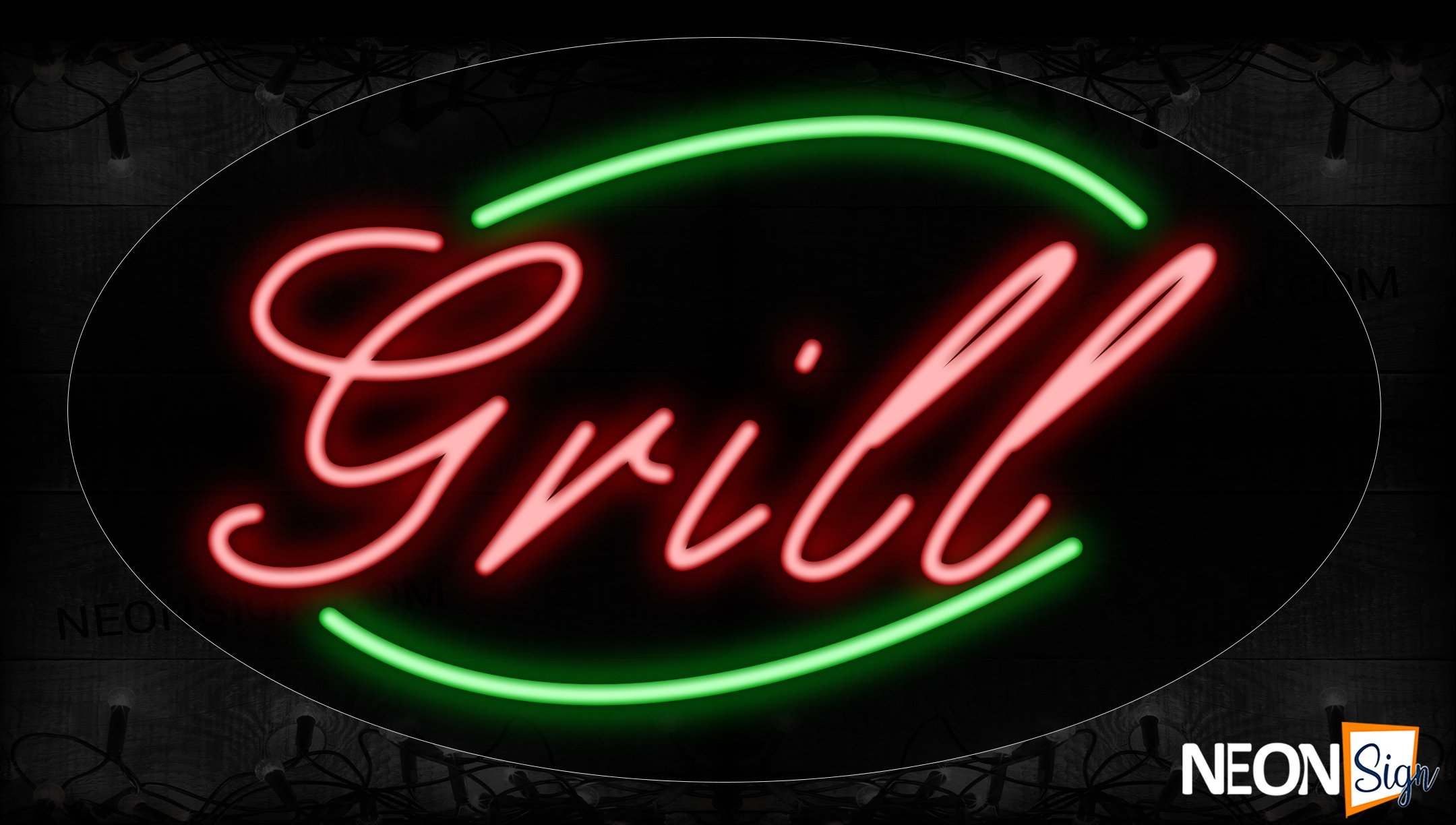 Image of 14046 Grill In Red With Green Arc Border Neon Signs_17x30 Contoured Black Backing