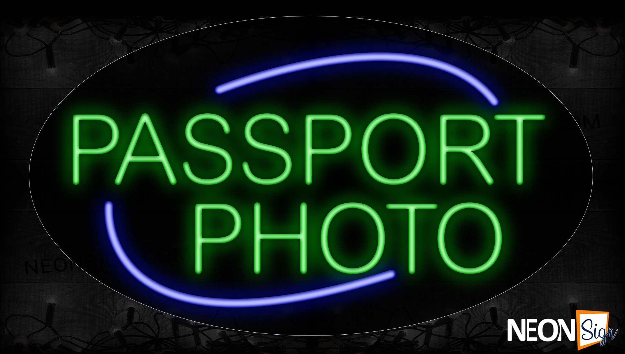Image of 14060 Passport Photo With Blue Arc Border Neon Signs_17x30 Contoured Black Backing