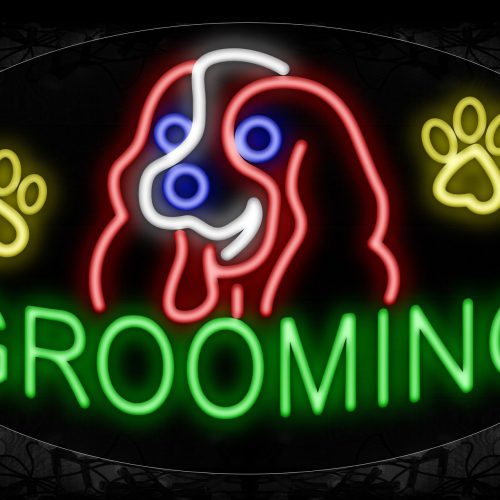 Image of 14063 Grooming With Paw And Dog Face Logo Neon Sign_17x30 Contoured Black Backing