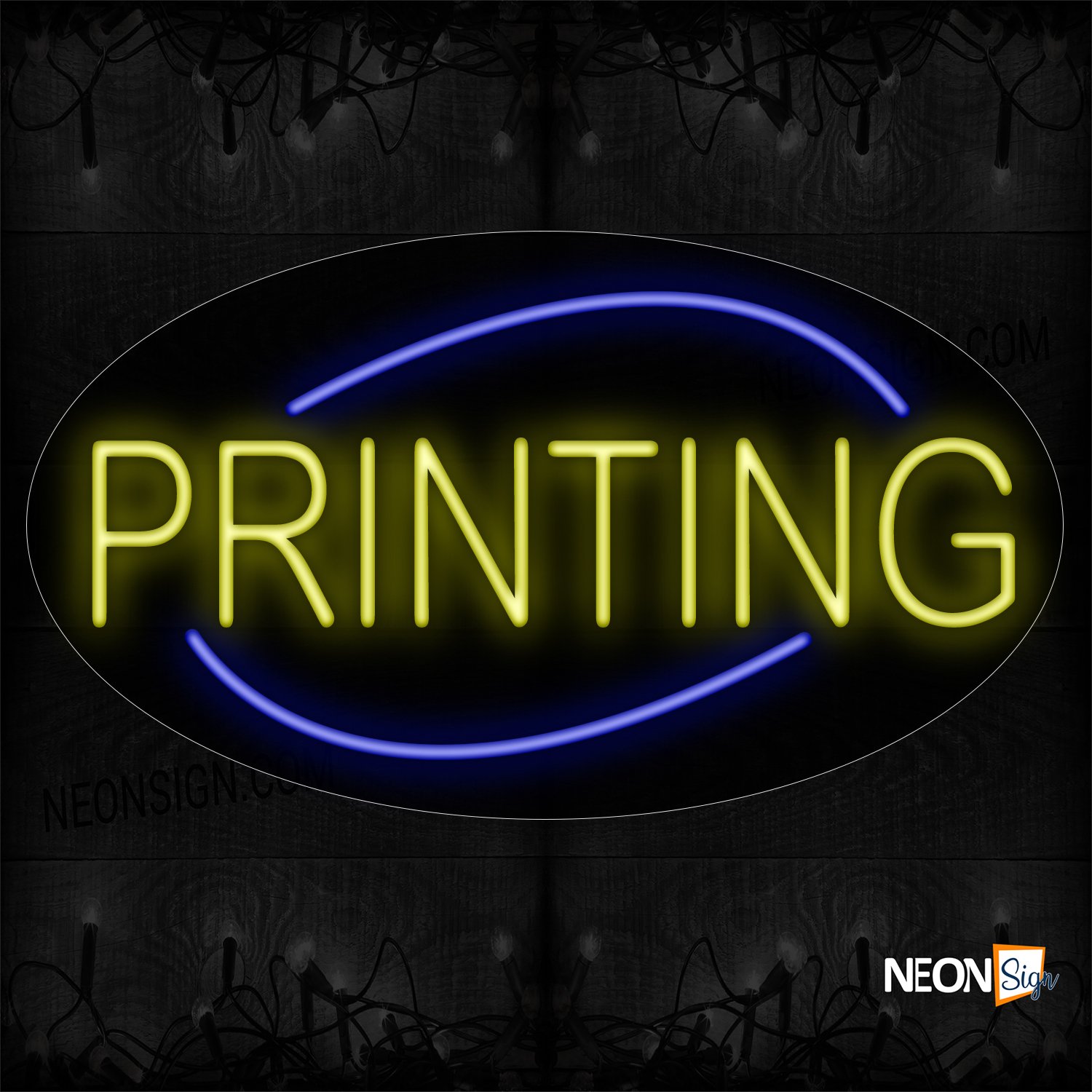 Image of 14069 Printing In Yellow With Blue Arc Border Neon Signs_17x30 Contoured Black Backing