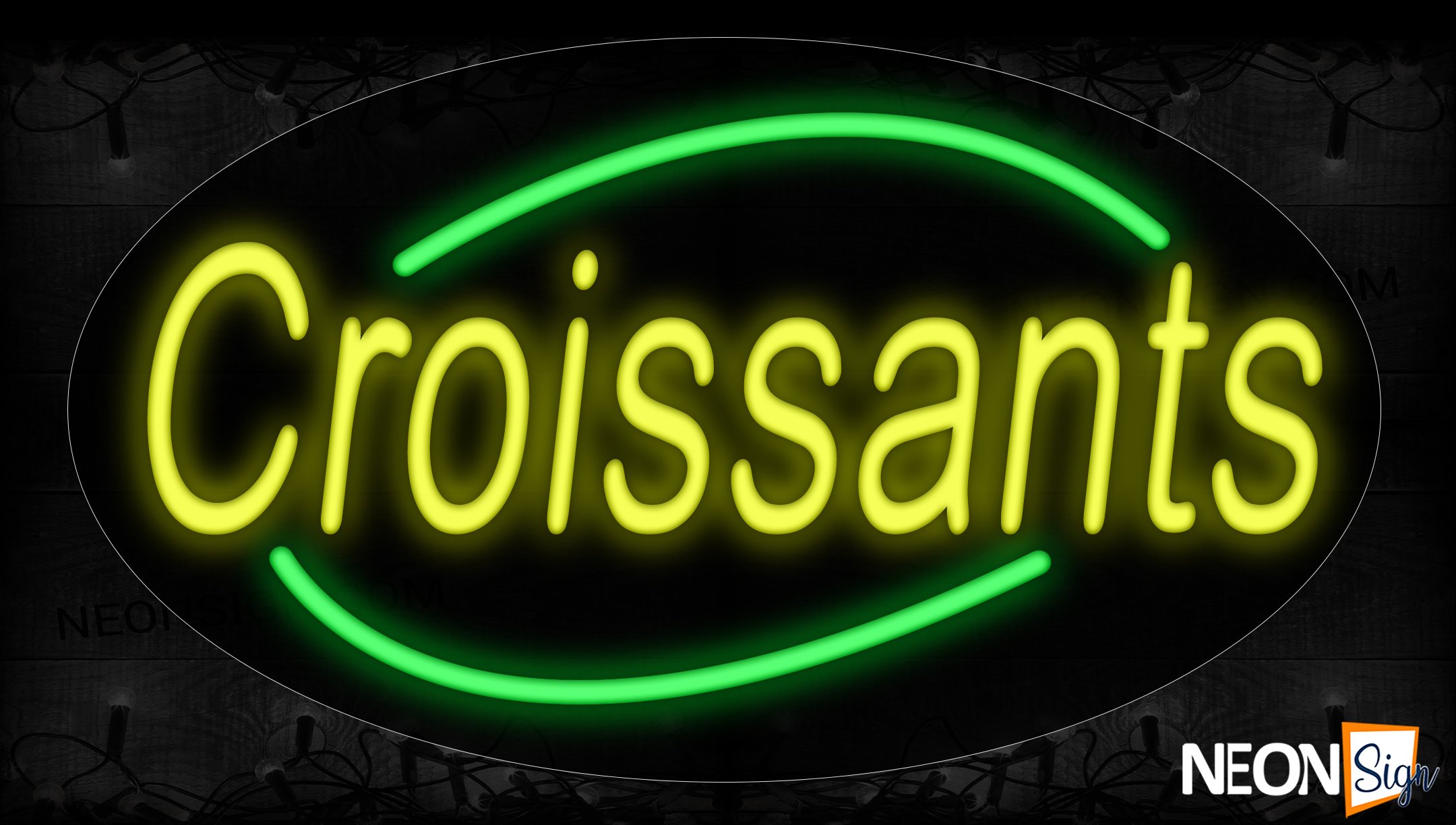Image of 14096 Croissants In Yellow With Green Arc Border Neon Signs_17x30 Contoured Black Backing