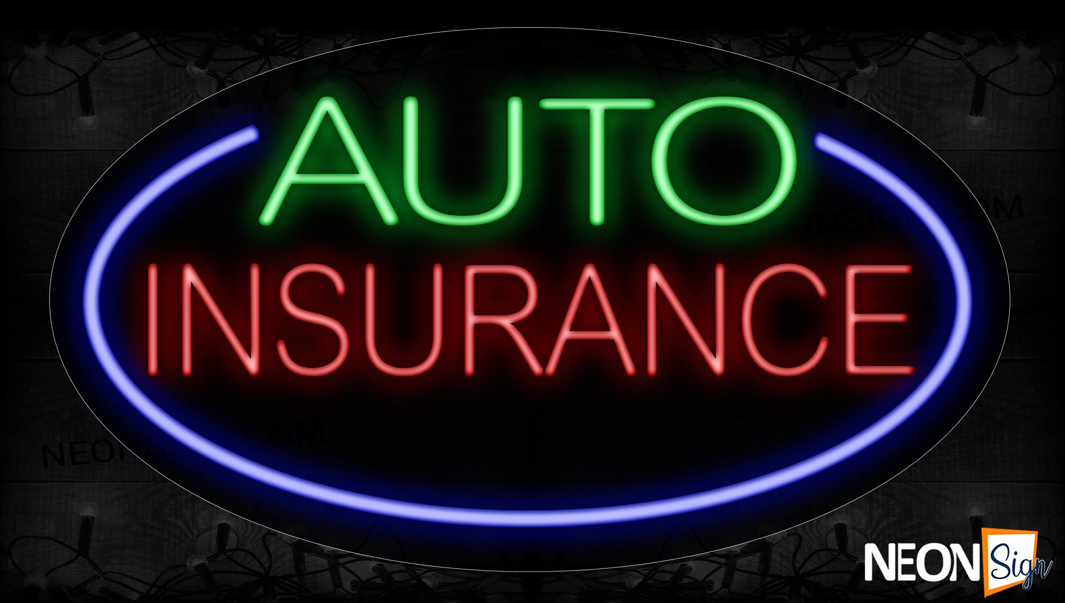 Image of 14143 Auto Insurance With Blue Oval Border Neon Signs_17x30 Contoured Black Backing
