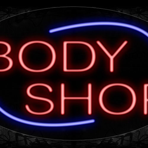 Image of 14156 Body Shop With Blue Arc Border Neon Signs_17x30 Contoured Black Backing