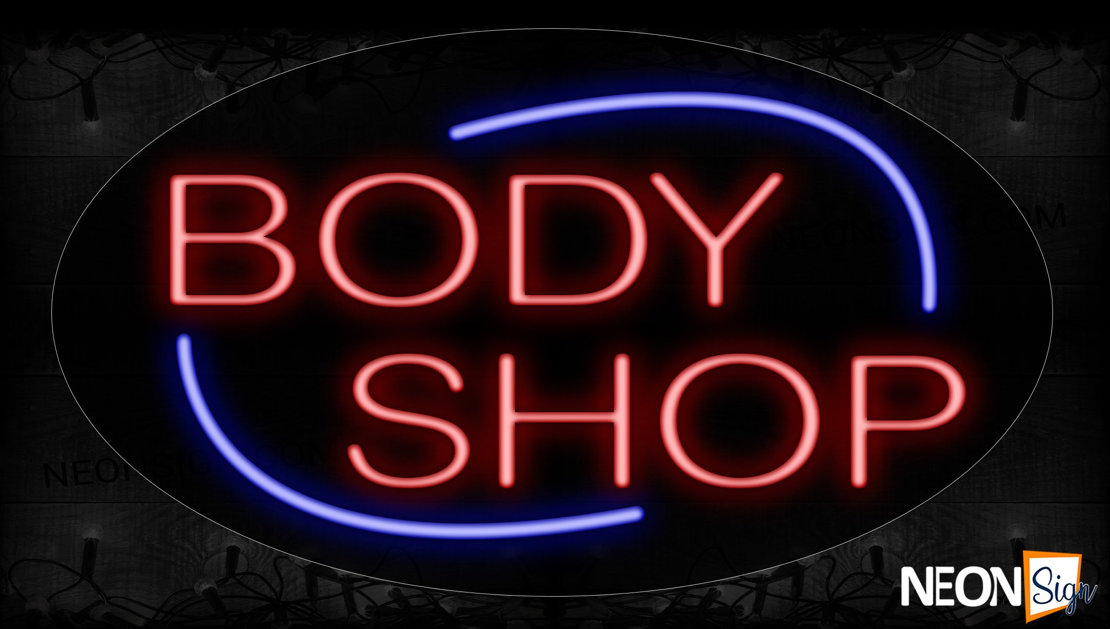 Image of 14156 Body Shop With Blue Arc Border Neon Signs_17x30 Contoured Black Backing