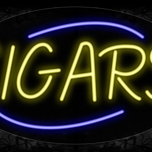 Image of 14176 Cigars In Yellow With Blue Arc Border Neon Signs_17x30 Contoured Black Backing