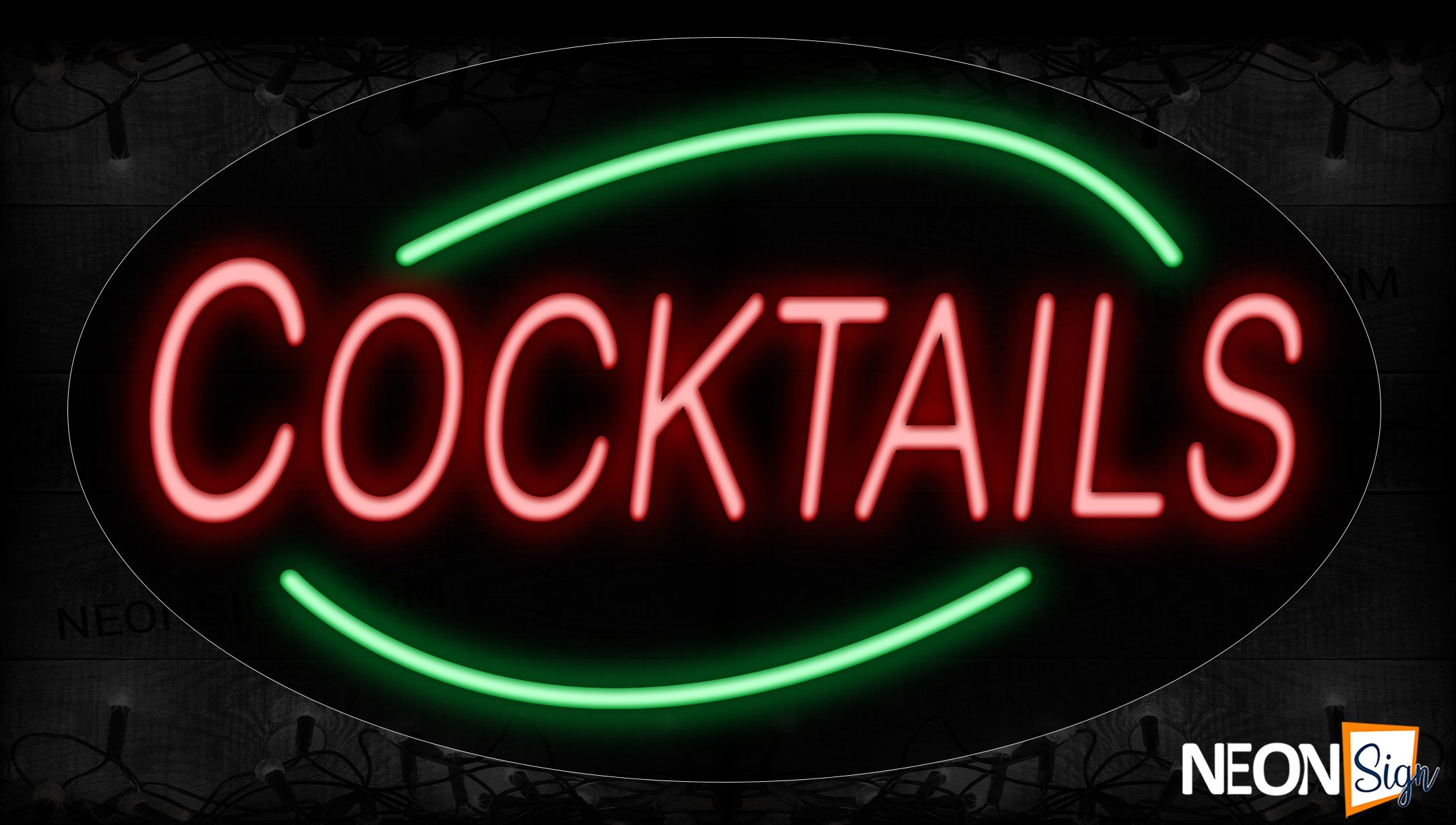 Image of 14178 Cocktails In Red With Green Arc Border Neon Signs_17x30 Contoured Black Backing