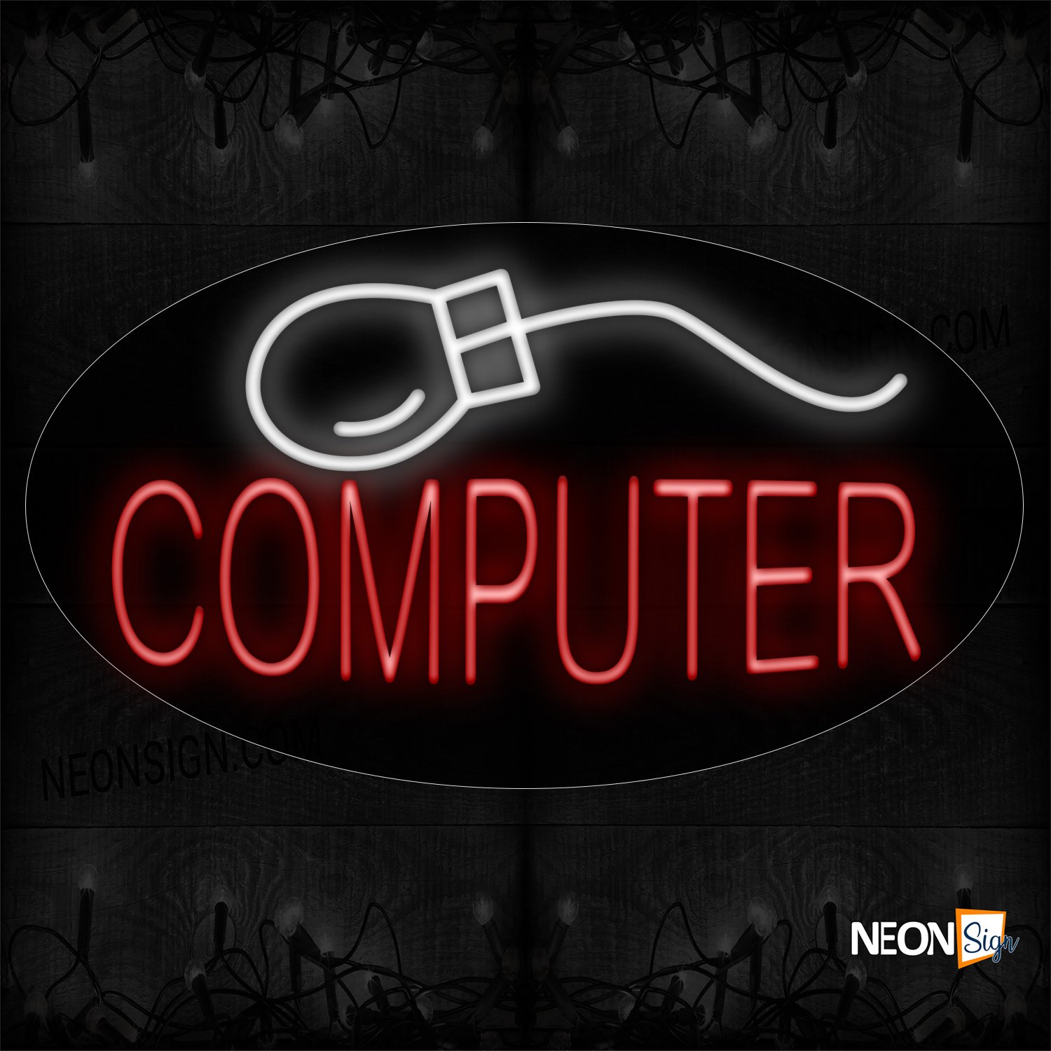 Image of 14181 Computer In Red With Mouse Logo Neon Signs_17x30 Contoured Black Backing