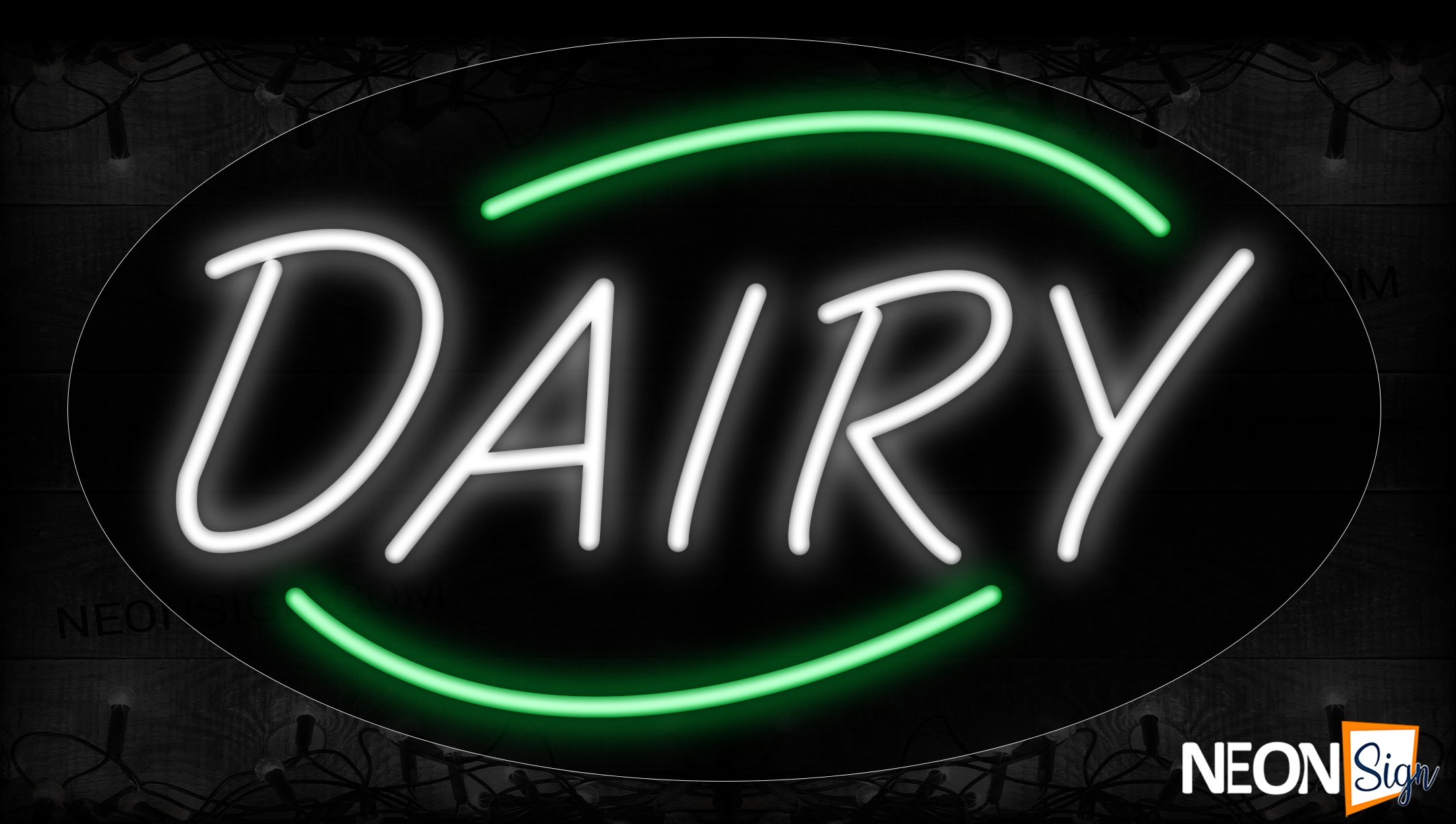 Image of 14183 Dairy In White With Green Arc Border Neon Signs_17x30 Contoured Black Backing