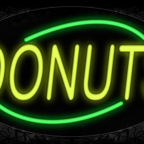 Image of 14194 Donuts In Yellow With Green Arc Border Neon Signs_17x30 Contoured Black Backing