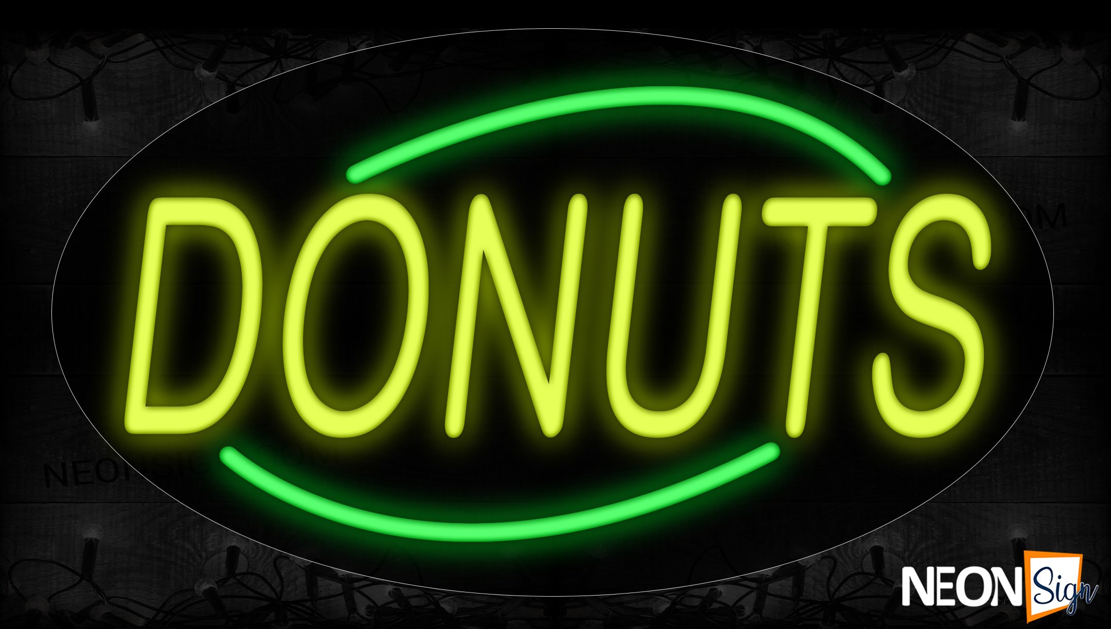 Image of 14194 Donuts In Yellow With Green Arc Border Neon Signs_17x30 Contoured Black Backing