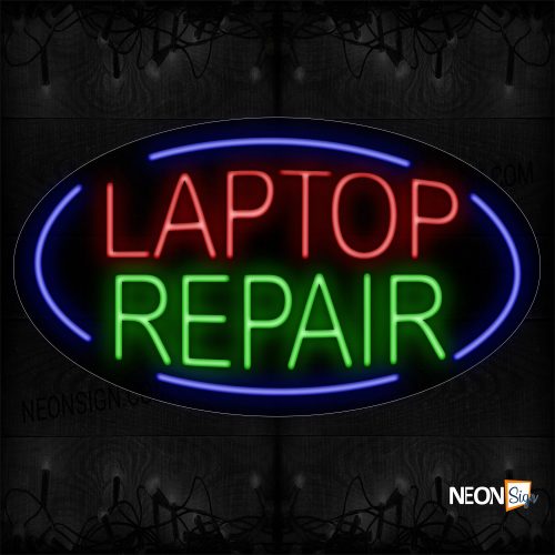 Image of 14236 Laptop Repair With Blue Arc Border Neon Signs_17x30 Contoured Black Backing