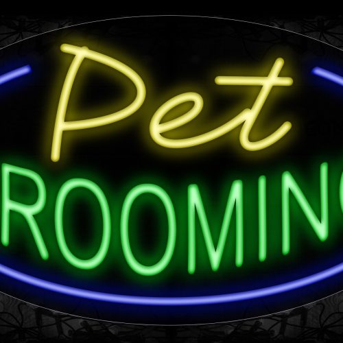 Image of 14268 Pet Grooming With Blue Oval Border Neon Sign_17x30 Contoured Black Backing