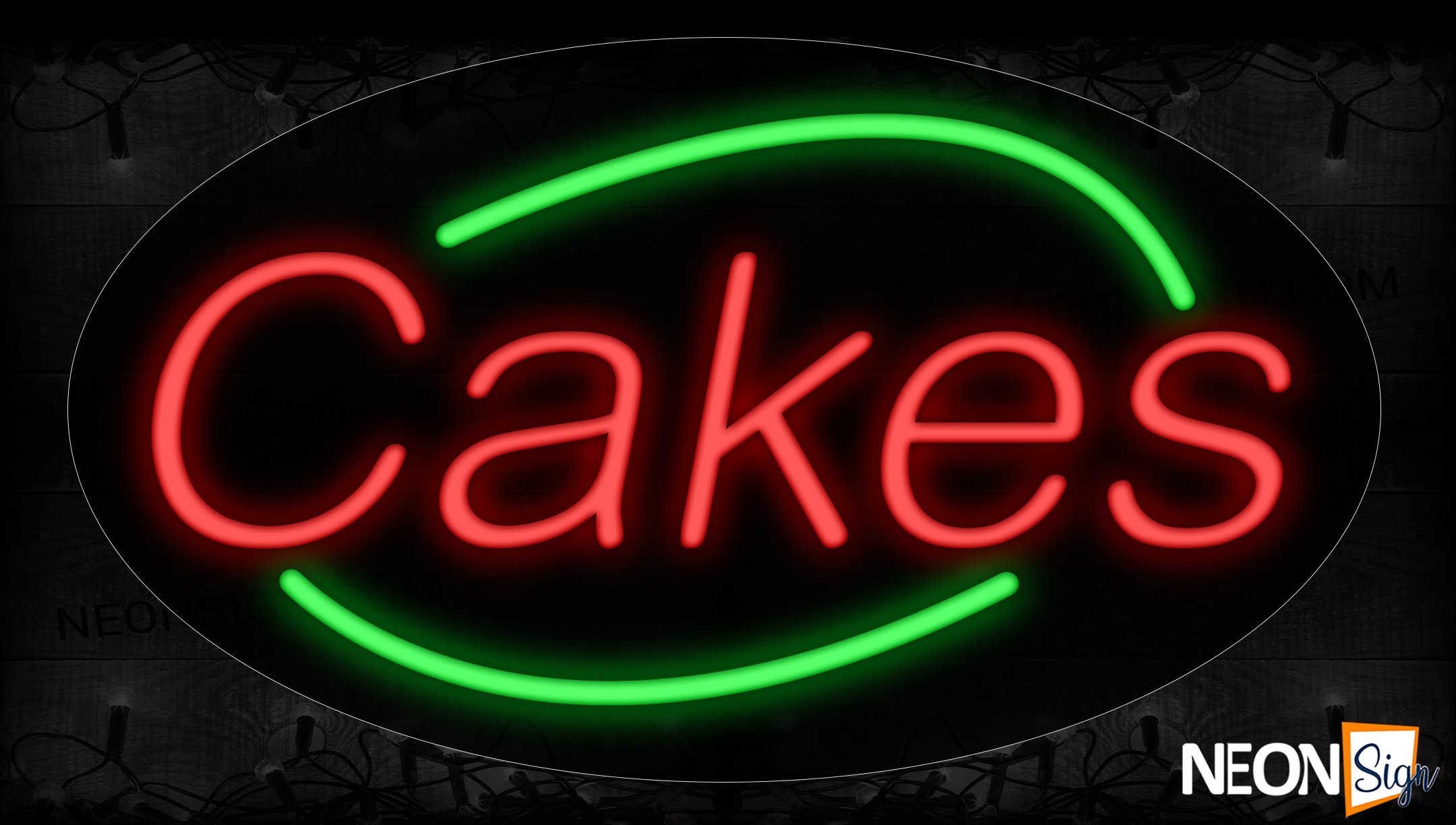 Image of 14383 Cakes In Red With Green Arc Border Neon Signs_17x30 Contoured Black Backing