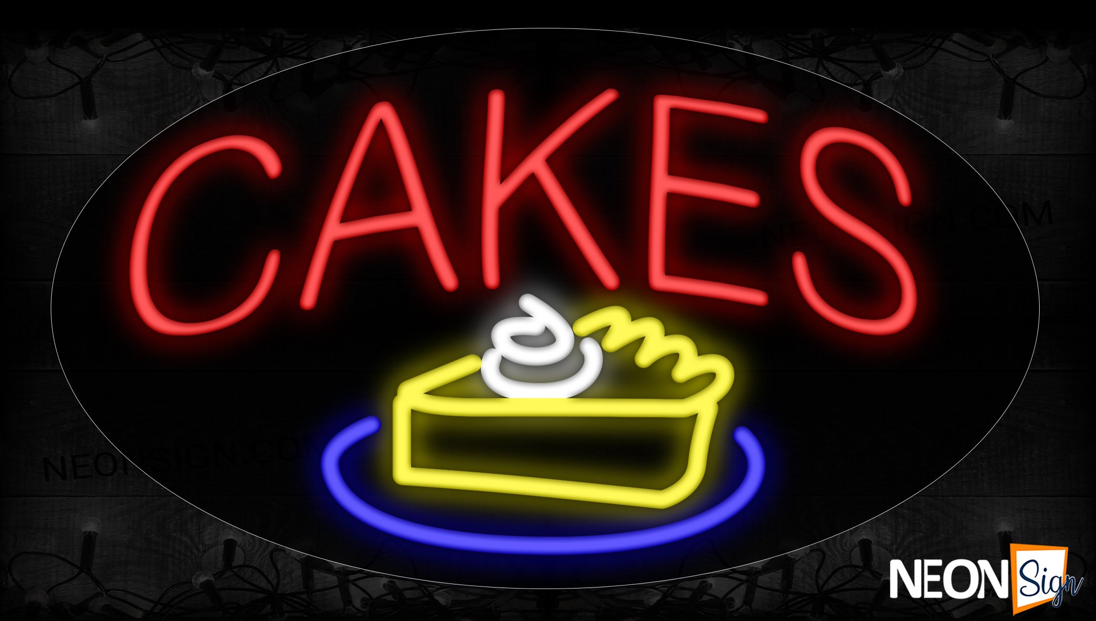 Image of 14384 Cakes with slice cake logo Neon Signs_17x30 Contoured Black Backing