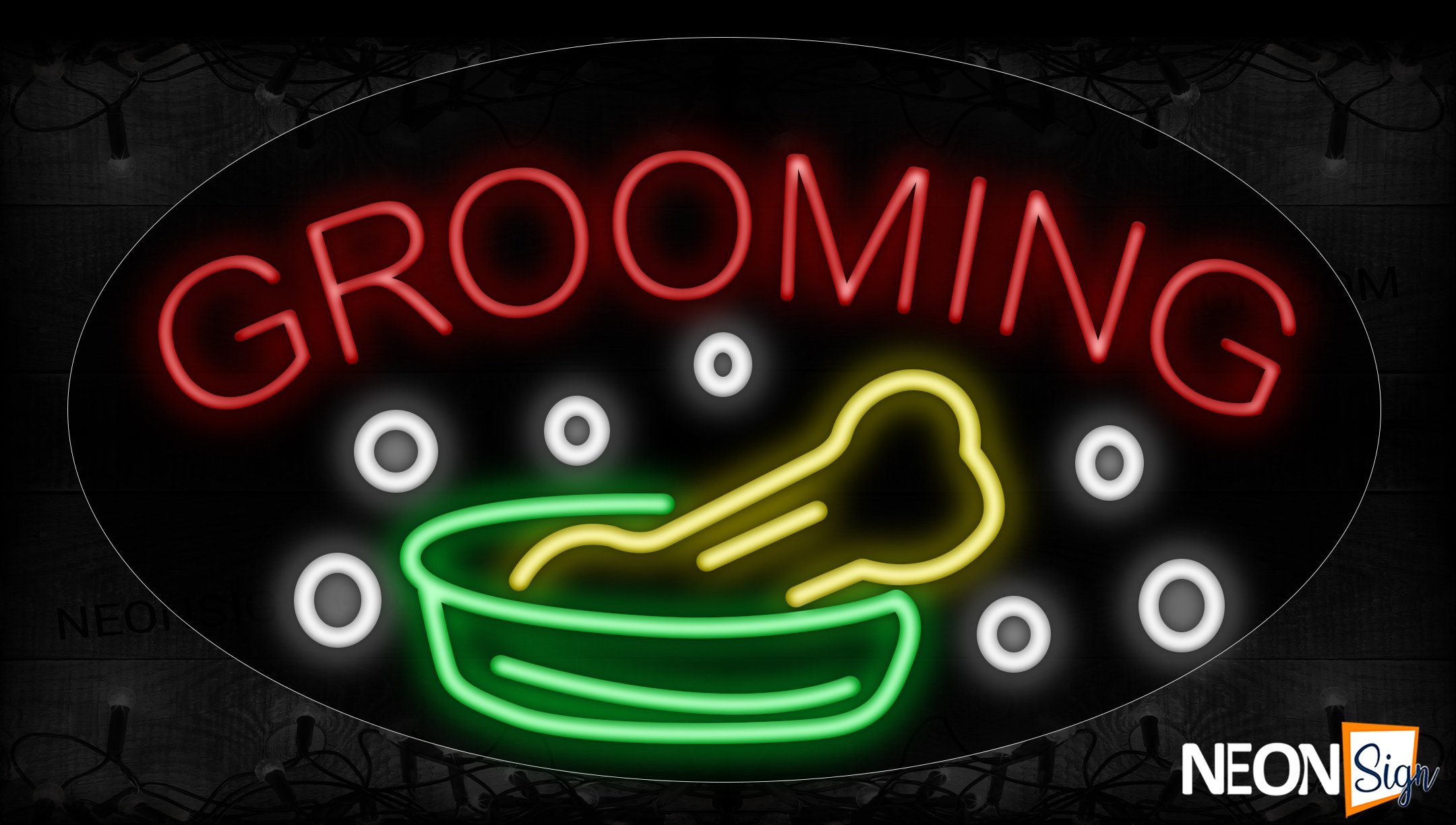 Image of 14389 Grooming With Dog Food Traditional Neon_17x30 Contoured Black Backing