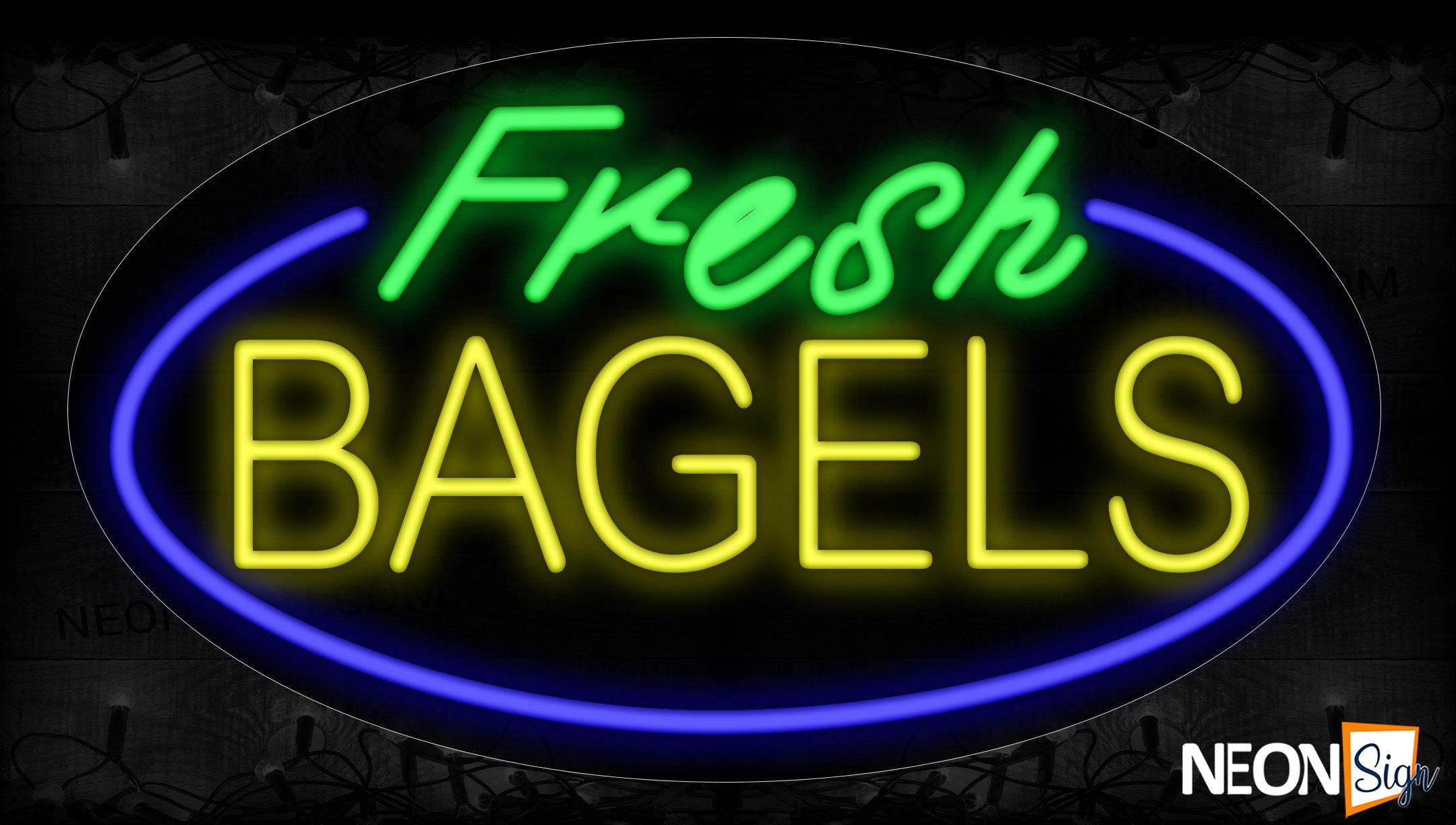 Image of 14423 Fresh Bagels With Blue Oval Border Neon Signs_17x30 Contoured Black Backing
