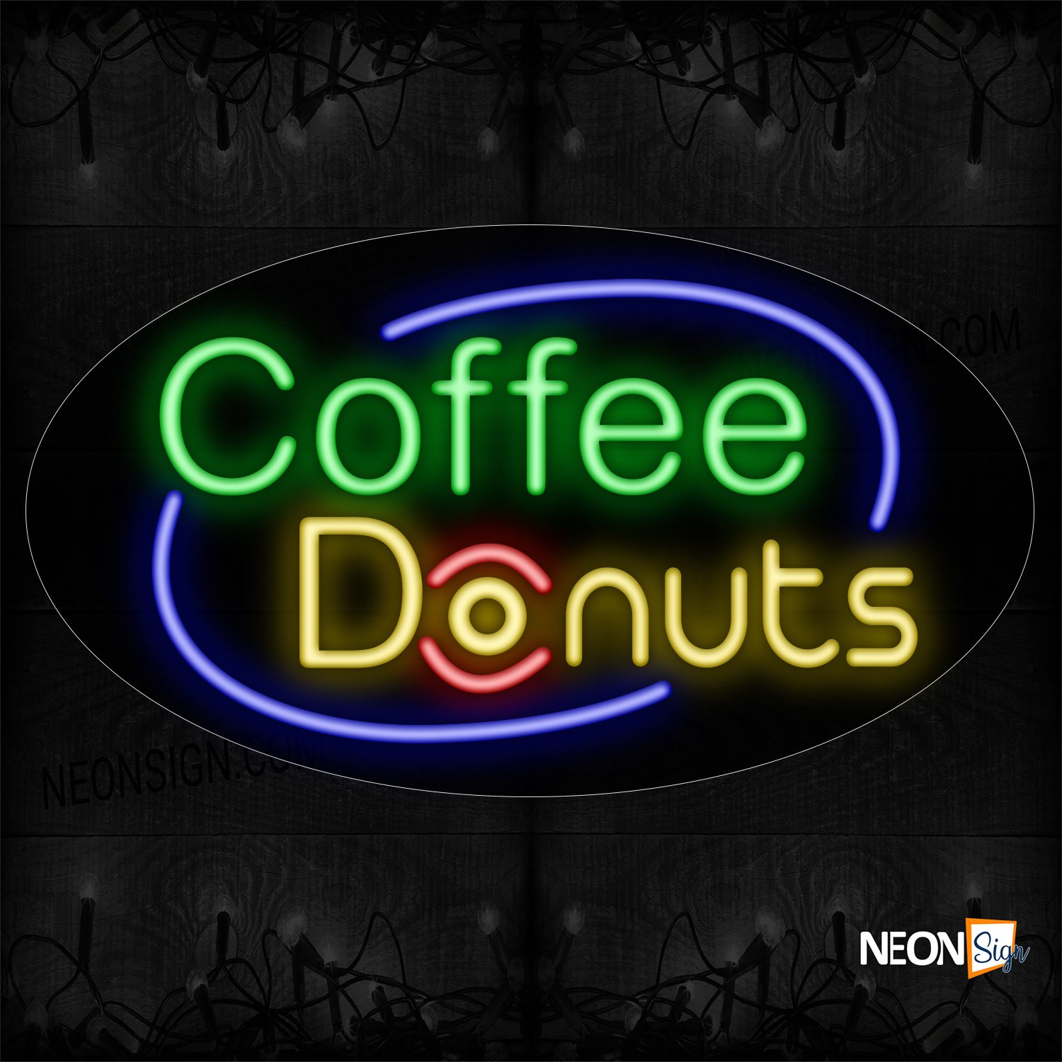 Image of 14438 Coffee Donuts With Blue Arc Border Neon Signs_17x30 Contoured Black Backing