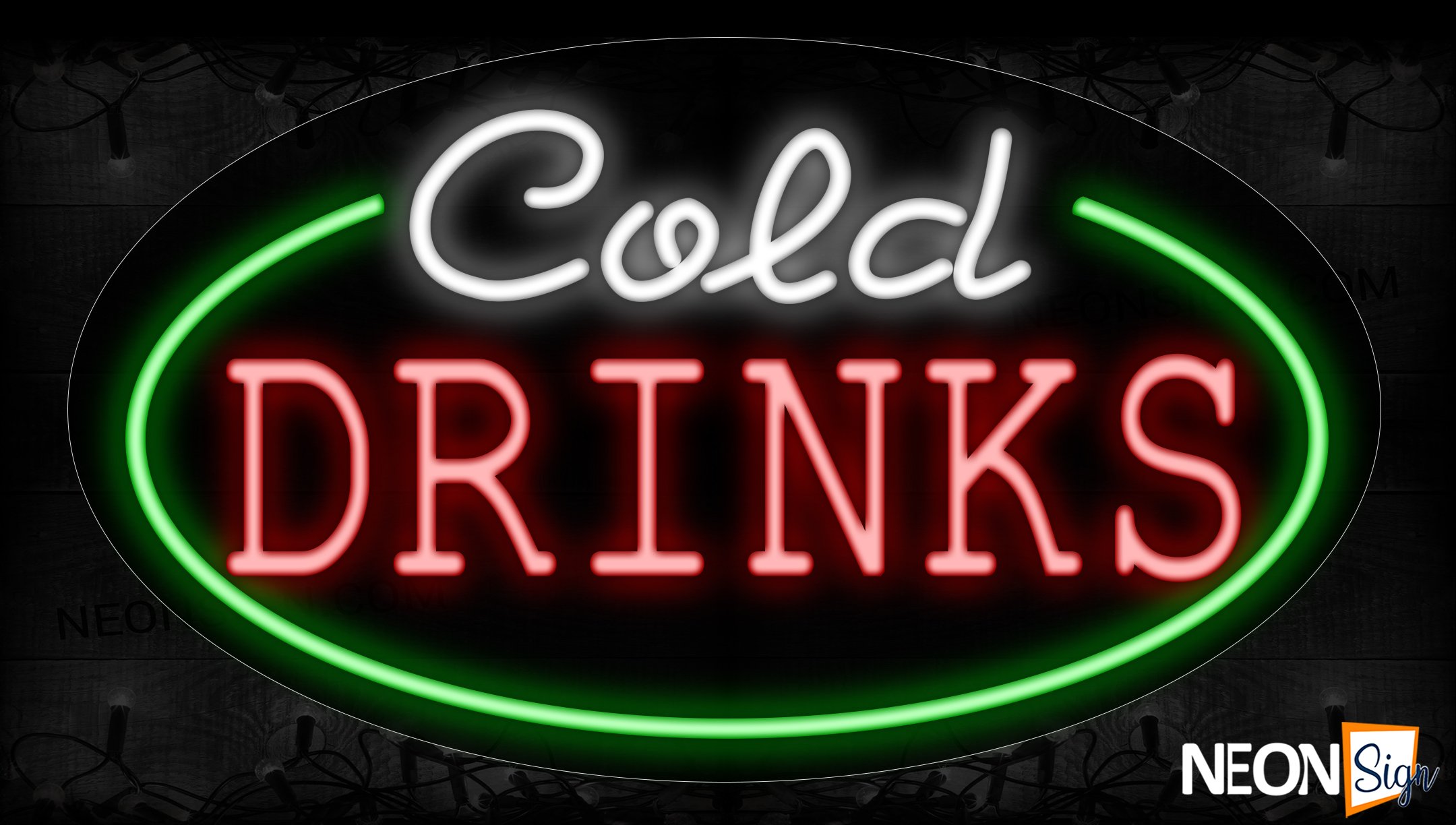 Image of 14444 Cold Drinks With Circle Border Neon Signs_17x30 Contoured Black Backing