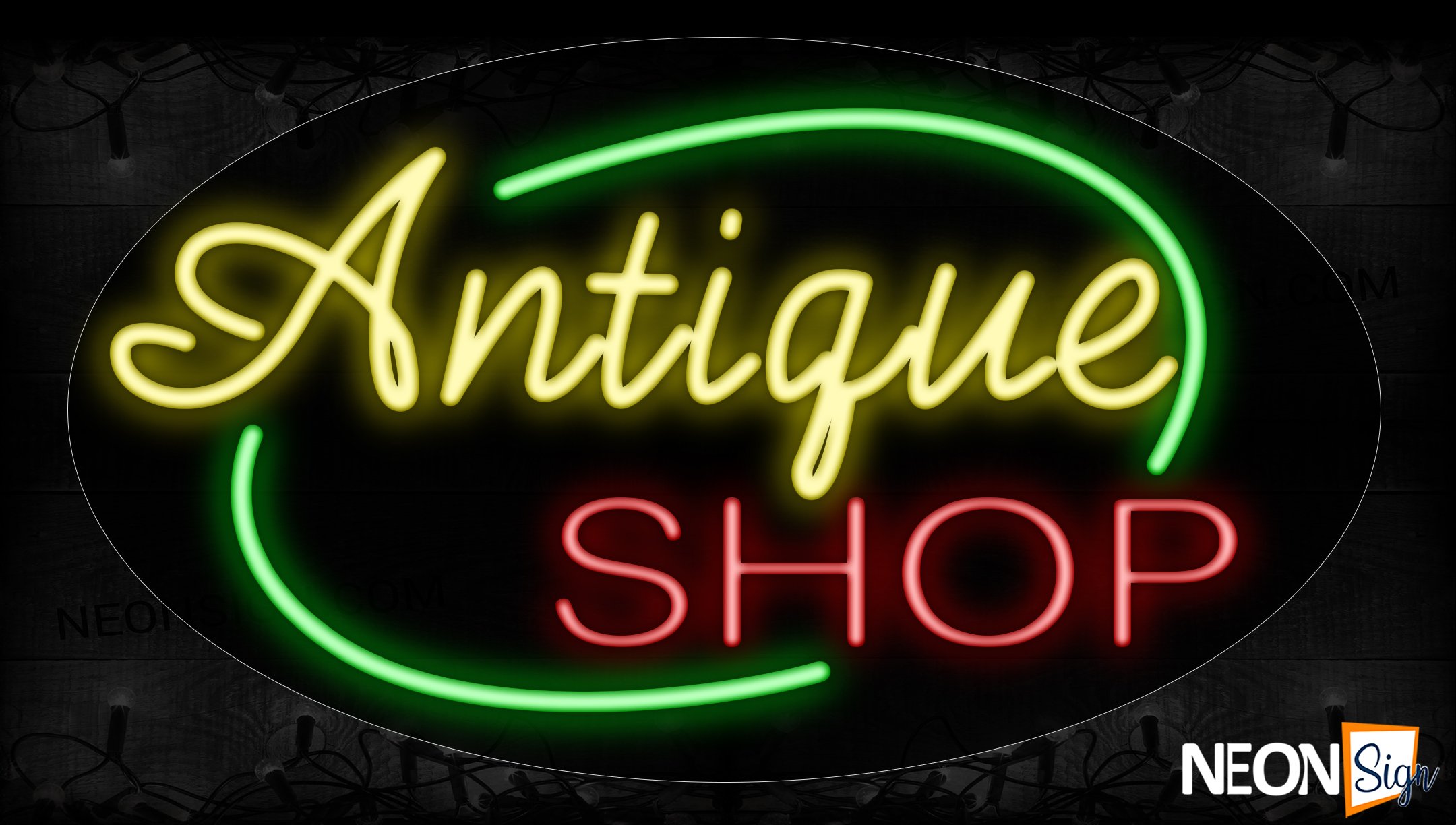 Image of 14491 Antique Shop With Green Arc Border Neon Sign_17x30 Contoured Black Backing