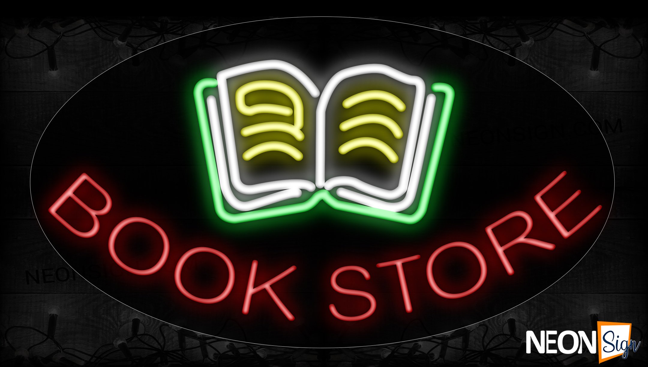 Image of 14498 Bookstore With Open Book Image Arc Border Neon Signs_17x30 Contoured Black Backing