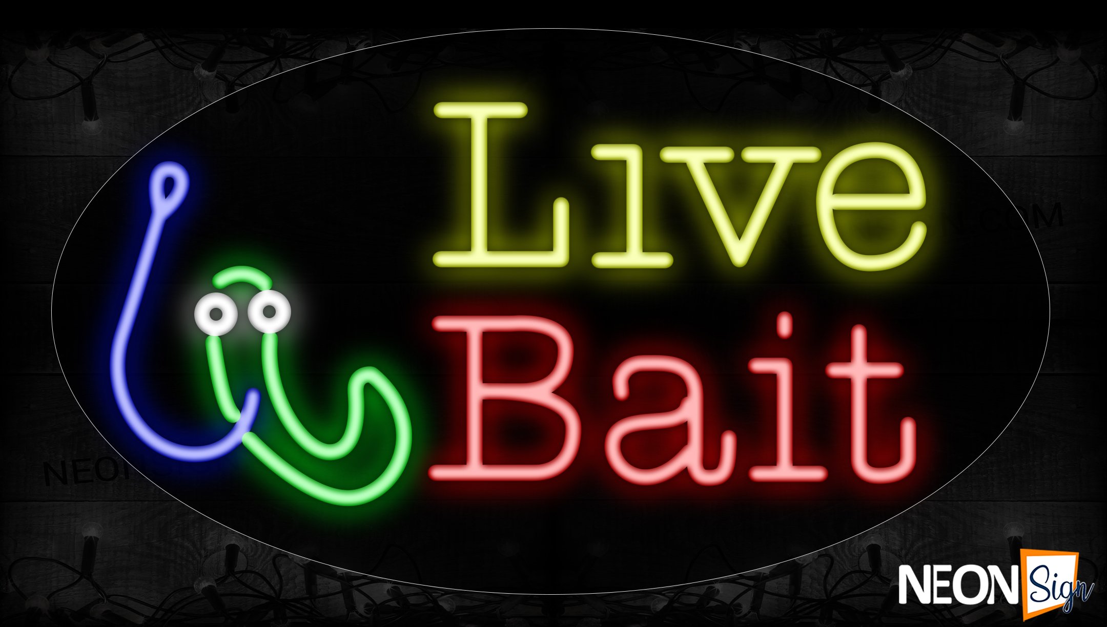 Image of 14538 Live Bait With A Worn And Bait Traditional Neon_17x30 Contoured Black Backing