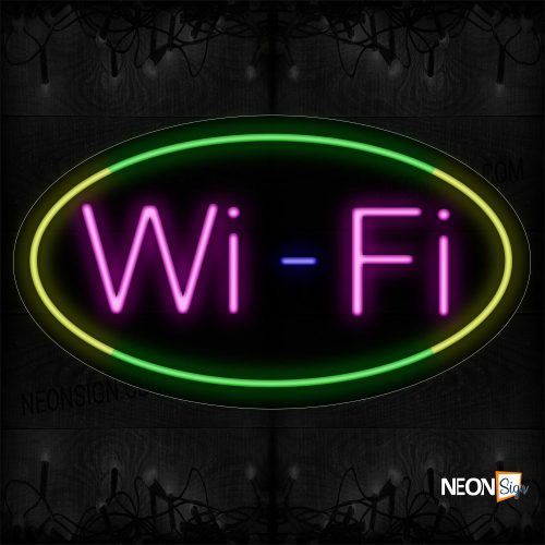 Image of 14565 Wifi In Pink With Green And Yellow Oval Border Neon Signs_17x30 Contoured Black Backing